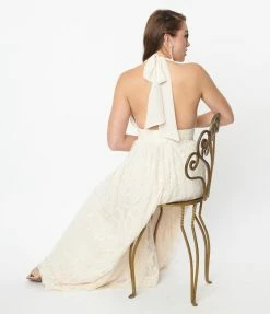 Flying Tomato Ivory Lace Halter Bridal Maxi Dress Wedding