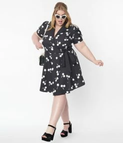 Unique Vintage Plus Size Black & White Cherries Wrap Dress