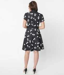 Unique Vintage Black & White Cherries Wrap Dress