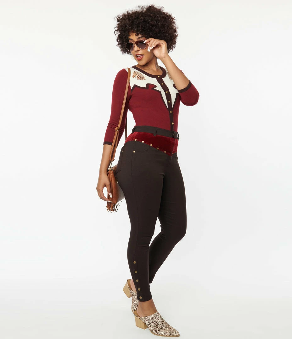 Unique Vintage Brown Denim & Red Yoke Skinny Jeans Clothing