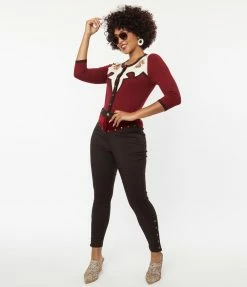 Unique Vintage Brown Denim & Red Yoke Skinny Jeans Clothing