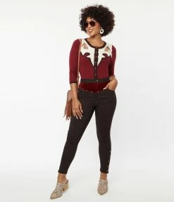 Unique Vintage Brown Denim & Red Yoke Skinny Jeans Clothing