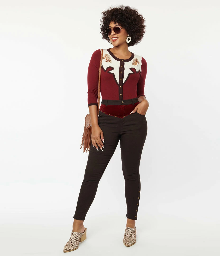 Unique Vintage Brown Denim & Red Yoke Skinny Jeans Clothing