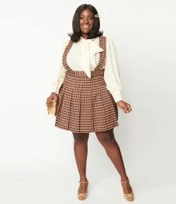 Unique Vintage Plus Size Brown & Burgundy Plaid Pleated Suspender Mini Skirt