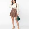 Unique Vintage Brown & Burgundy Plaid Pleated Suspender Mini Skirt
