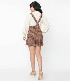 Unique Vintage Brown & Burgundy Plaid Pleated Suspender Mini Skirt