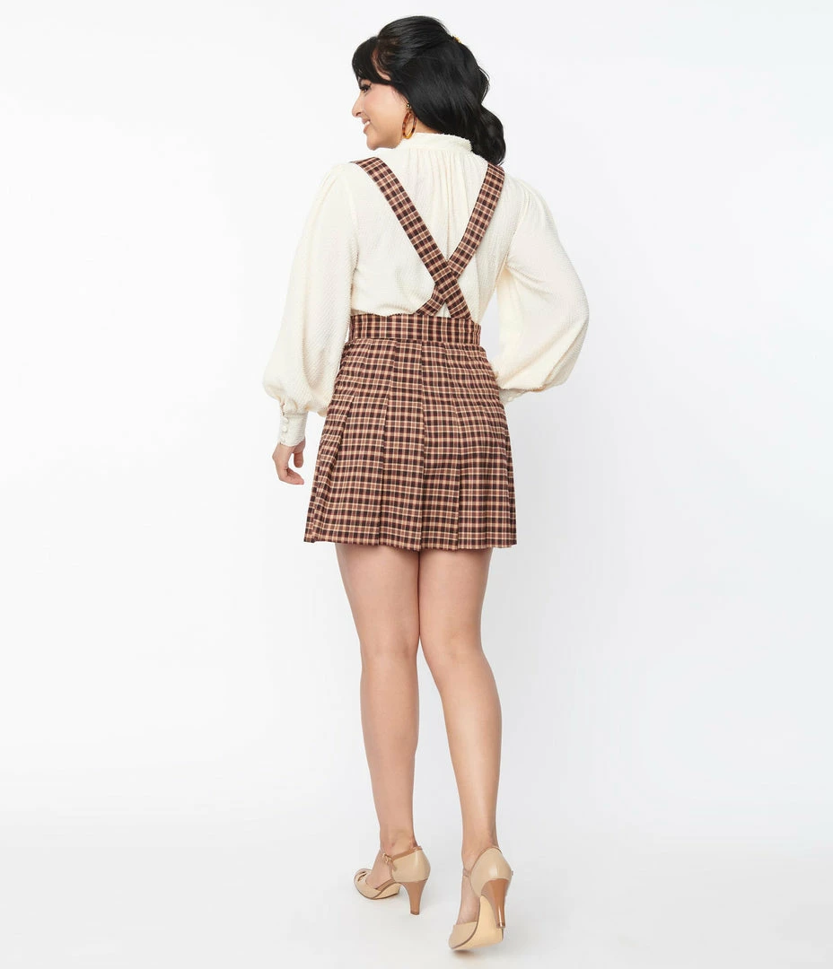 Unique Vintage Brown & Burgundy Plaid Pleated Suspender Mini Skirt