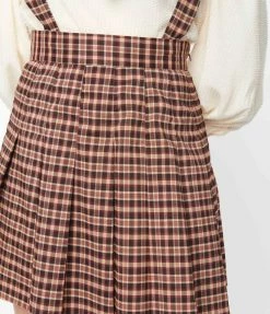 Unique Vintage Brown & Burgundy Plaid Pleated Suspender Mini Skirt