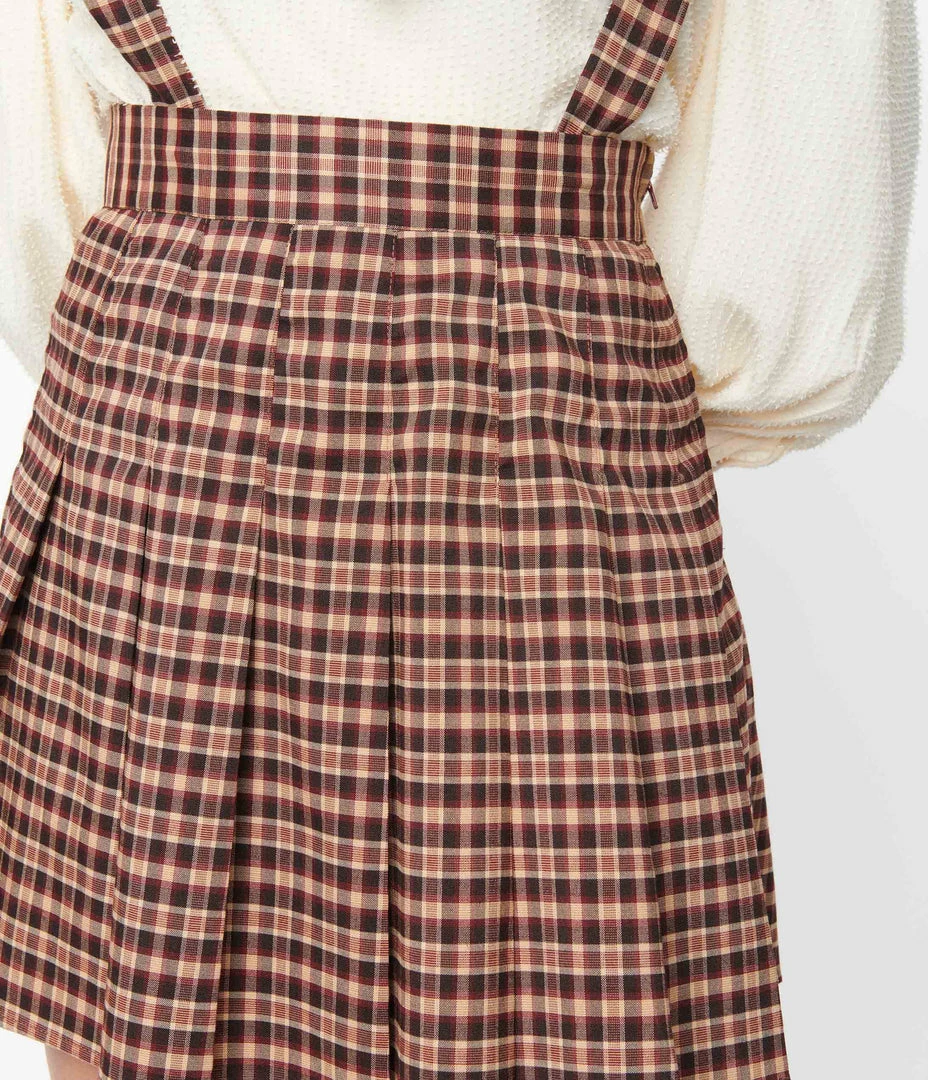 Unique Vintage Brown & Burgundy Plaid Pleated Suspender Mini Skirt