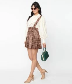 Unique Vintage Brown & Burgundy Plaid Pleated Suspender Mini Skirt