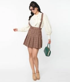 Unique Vintage Brown & Burgundy Plaid Pleated Suspender Mini Skirt
