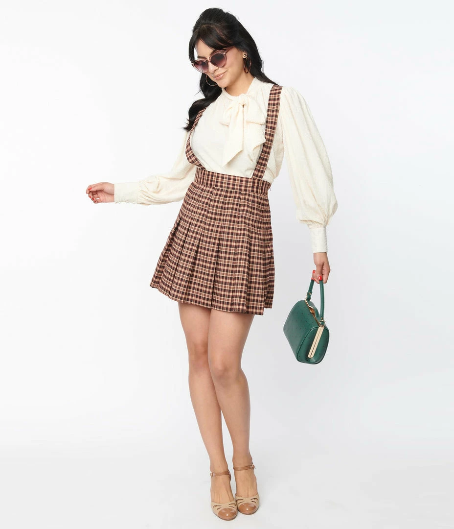 Unique Vintage Brown & Burgundy Plaid Pleated Suspender Mini Skirt