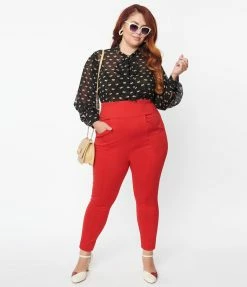 New Arrivals! Unique Vintage Plus Size Red Pintuck High Waist Pants