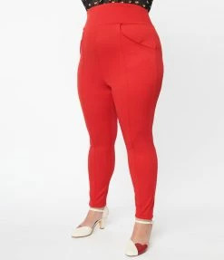 New Arrivals! Unique Vintage Plus Size Red Pintuck High Waist Pants