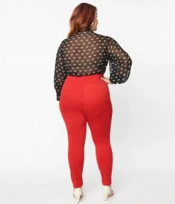 New Arrivals! Unique Vintage Plus Size Red Pintuck High Waist Pants
