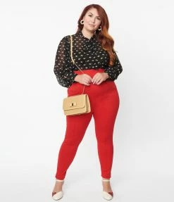 New Arrivals! Unique Vintage Plus Size Red Pintuck High Waist Pants