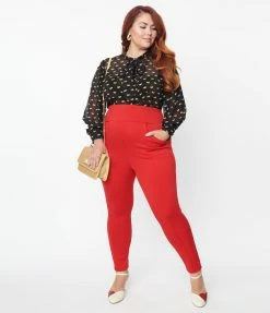 New Arrivals! Unique Vintage Plus Size Red Pintuck High Waist Pants