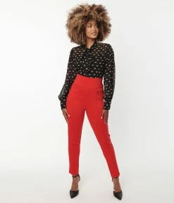Unique Vintage Red Pintuck High Waist Pants New Arrivals!