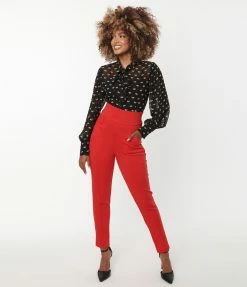 Unique Vintage Red Pintuck High Waist Pants New Arrivals!