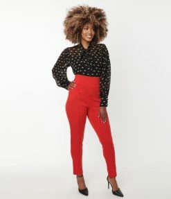 Unique Vintage Red Pintuck High Waist Pants New Arrivals!