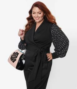 Unique Vintage Plus Size Black & Purple Dainty Floral Giselle Wrap Top New Arrivals!