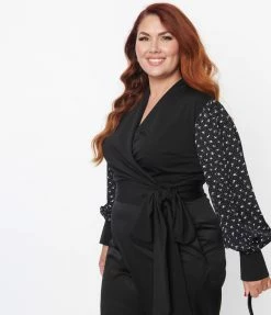 Unique Vintage Plus Size Black & Purple Dainty Floral Giselle Wrap Top New Arrivals!