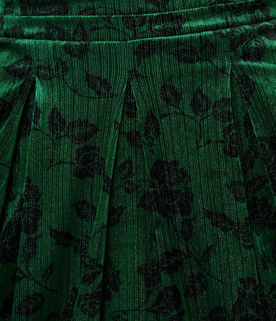 Unique Vintage Plus Size Green & Black Rose Velvet Marceline Swing Dress