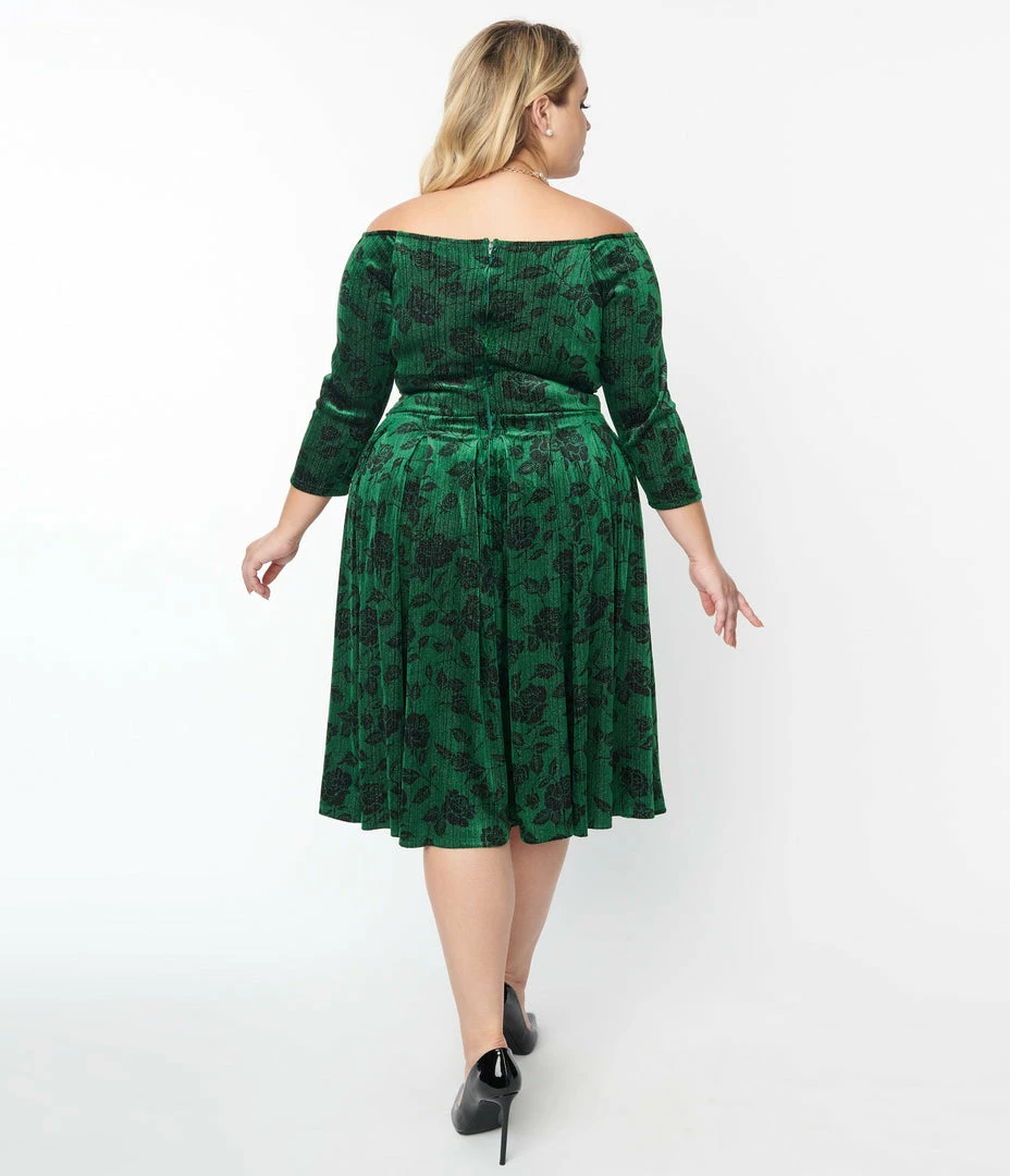 Unique Vintage Plus Size Green & Black Rose Velvet Marceline Swing Dress