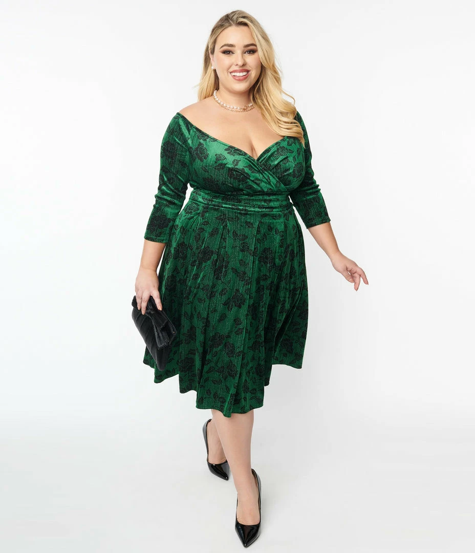 Unique Vintage Plus Size Green & Black Rose Velvet Marceline Swing Dress