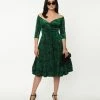 Clothing Unique Vintage Green & Black Rose Velvet Marceline Swing Dress