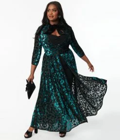 Unique Vintage Plus Size Teal Green Devore Velvet Tallullah Duster Clothing