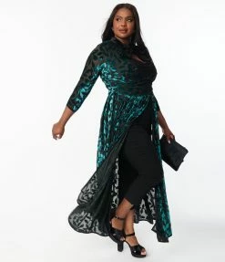 Unique Vintage Plus Size Teal Green Devore Velvet Tallullah Duster Clothing