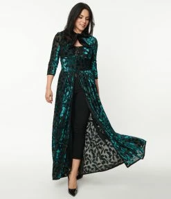 Unique Vintage Teal Green Devore Velvet Tallullah Duster Trending