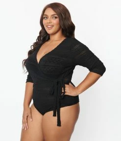 Unique Vintage Plus Size Black Lace Surplice Bodysuit Clothing