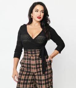 Unique Vintage Black Lace Surplice Bodysuit Clothing