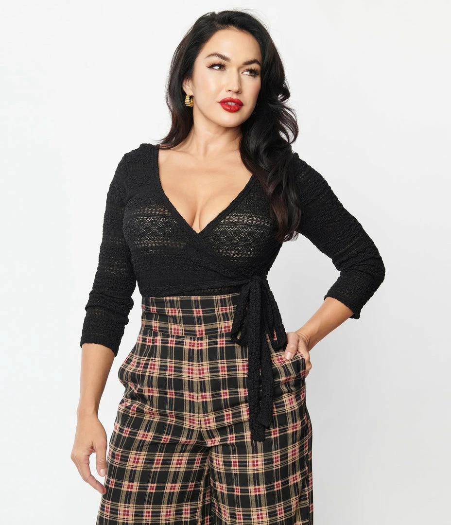 Unique Vintage Black Lace Surplice Bodysuit Clothing