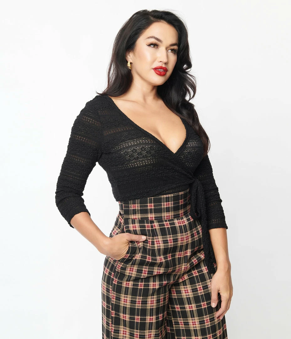 Unique Vintage Black Lace Surplice Bodysuit Clothing