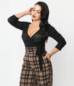 Unique Vintage Black Lace Surplice Bodysuit Clothing