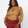 Unique Vintage Plus Size Mustard & Burgundy Dot Keyhole Button Waist Blouse New Arrivals!