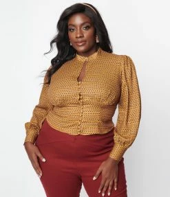 Unique Vintage Plus Size Mustard & Burgundy Dot Keyhole Button Waist Blouse New Arrivals!