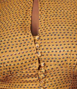 Unique Vintage Plus Size Mustard & Burgundy Dot Keyhole Button Waist Blouse New Arrivals!