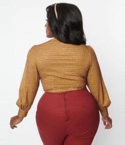 Unique Vintage Plus Size Mustard & Burgundy Dot Keyhole Button Waist Blouse New Arrivals!