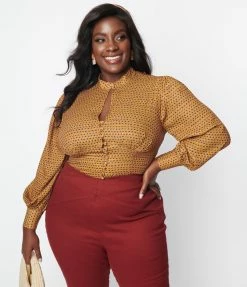 Unique Vintage Plus Size Mustard & Burgundy Dot Keyhole Button Waist Blouse New Arrivals!