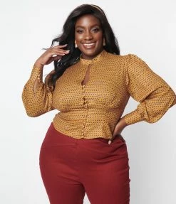 Unique Vintage Plus Size Mustard & Burgundy Dot Keyhole Button Waist Blouse New Arrivals!
