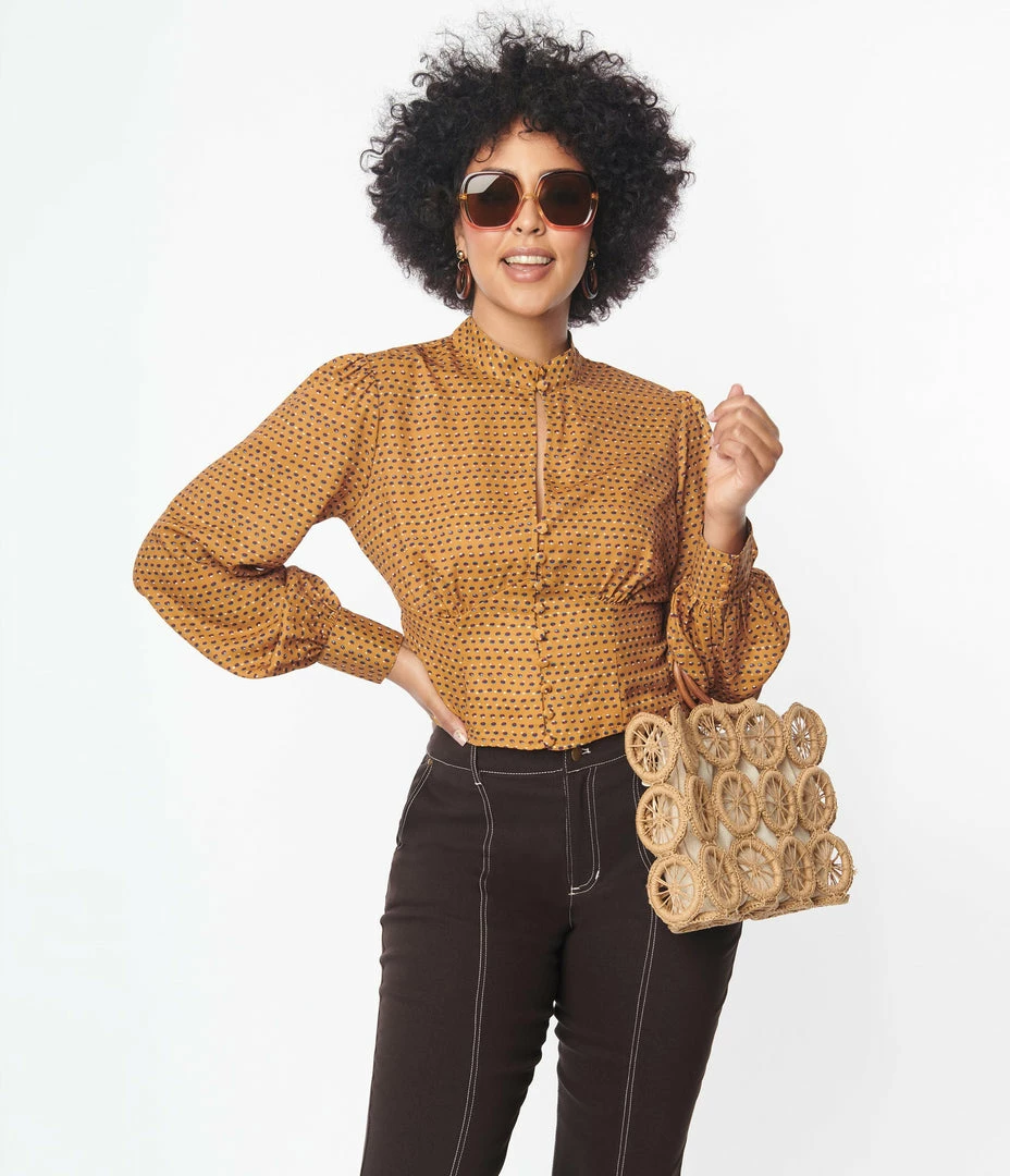 Trending Unique Vintage Mustard & Burgundy Dot Keyhole Button Waist Blouse