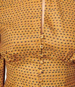 Trending Unique Vintage Mustard & Burgundy Dot Keyhole Button Waist Blouse