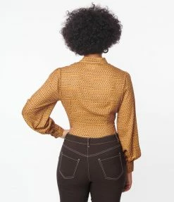 Trending Unique Vintage Mustard & Burgundy Dot Keyhole Button Waist Blouse