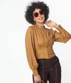 Trending Unique Vintage Mustard & Burgundy Dot Keyhole Button Waist Blouse
