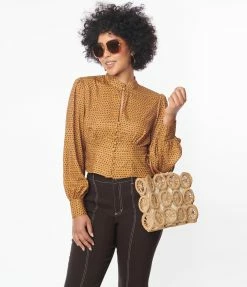 Trending Unique Vintage Mustard & Burgundy Dot Keyhole Button Waist Blouse