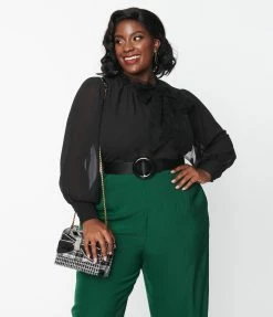New Arrivals! Unique Vintage Plus Size Black Flocked Dot Neck Bow Blouse